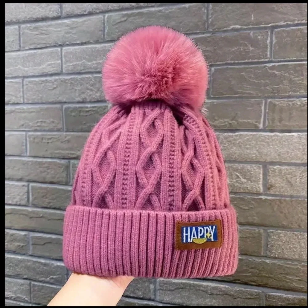 Pink Knit Beanie with Pom Pom and HAPPY Patch – Cozy Winter Hat for Women mt39